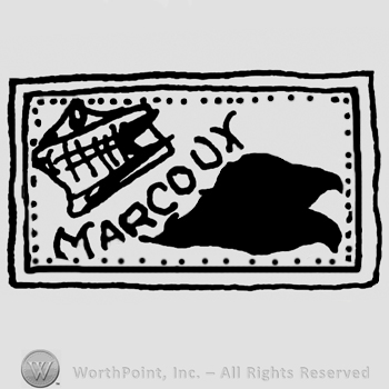 Marcoux written with uppercase letters under a stylized house and over a complex design, all inside a rectangle