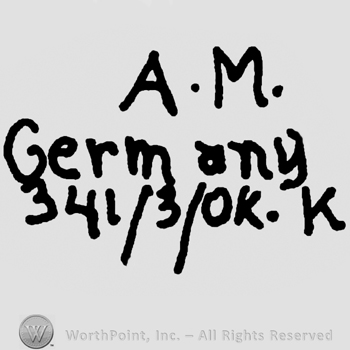 Uppercase A.M.over Germany written with lowercase letters over number 341/1 and uppercase OK and K
