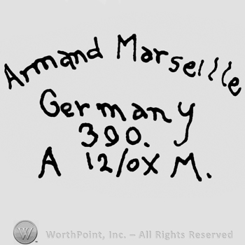 Armand Marseille Germany written with lowercase letters over number 390 and uppercase A and M written on the sides of number 12/0x