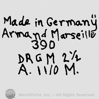 Made in Germany Armand Marseille written with lowercase letters over number 390, uppercase DRGM and numbers 2 1/2 over uppercase A, numbers 11/0 and uppercase M