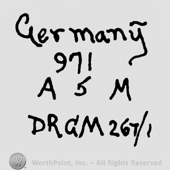 Germany written with lowercase letters over number 971 and uppercase A and M framing number 5, uppercase DRGM and numbers 267/1 written below