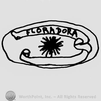 Florodora written with uppercase letters on a ribbon around a lavish asterisk, all inside an oval