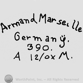 Armand Marseille Germany written with lowercase letters over number 390 and uppercase A, number 12/0X and uppercase M