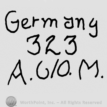 Germany written with lowercase letters over number 323 and uppercase A and M framing number 6/0