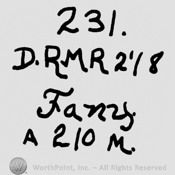 Number 231 written over uppercase D.R.M.R.and number 278, Fanny handwritten and uppercase A, number 210 and uppercase M written below