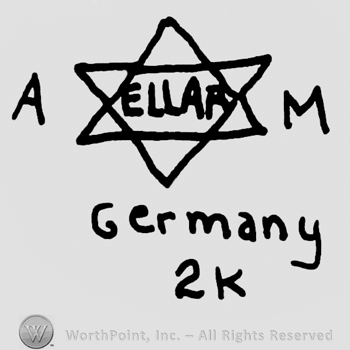 Uppercase A and M framing the star of David, Ellar written inside with uppercase letters, Germany 2K written below with lowercase letters