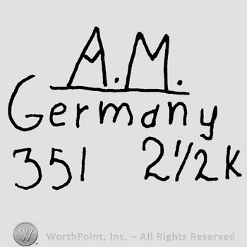 Uppercase underlined A.M., Germany written with lowercase letters over numbers 351 and 2 1/2 followed by uppercase K