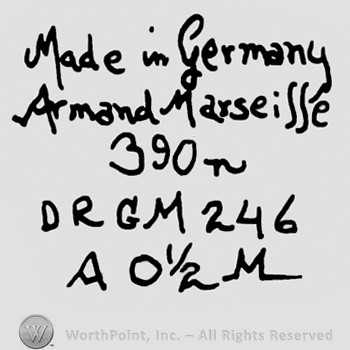 Made in Germany Armand Marseille written with lowercase letters over number 390, uppercase DRGM and number 246 over uppercase A, numbers 0 1/2 and uppercase M