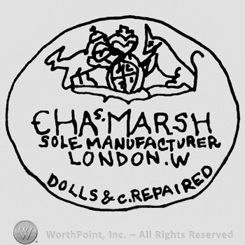 Facing pranced animals around a shield with crown over Chas. Marsh Sole Manufacturer London E. Dolls & C. Repaired written with uppercase letters, all inside an oval