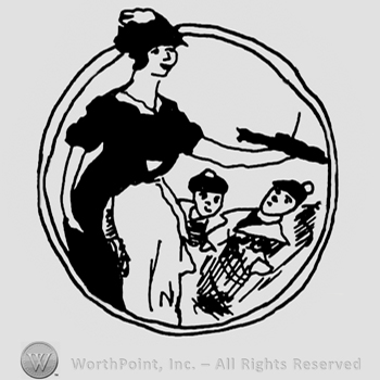 Lady holding a plate, people looking up at her, all inside a double-lined circle