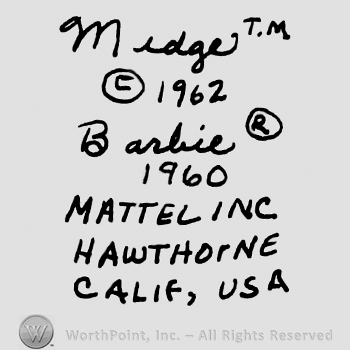Midge handwritten followed by uppercase T.M., Copyright symbol below and year 1962, Barbie handwritten followed by Registered symbol over year 1960, Mattel Inc. Hawthorne Calif. USA written below with uppercase letters