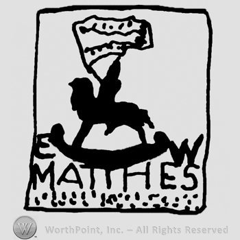 Wooden rocking horse with rider holding a banner, Matthes written below with uppercase letters, all inside a rectangle