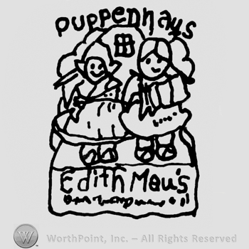 Stylized boy and girl puppet smiling, Puppenhaus written above with lowercase letters, Edith Maus written below with lowercase letters along with more undescifrable writing