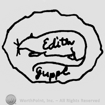 Edith handwritten on a stylized mouse, mouse's tail covering the handwritten Puppe below, all inside an oval