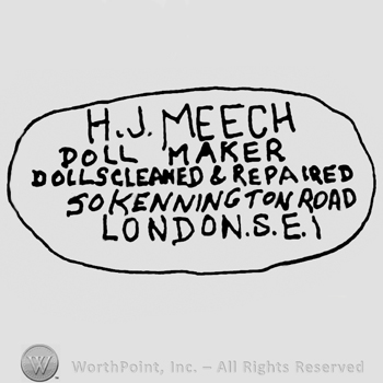 H.J. Meech Doll Maker Dolls Cleaned & Repaired 50 Kennington Road, London S.E.I.written with uppercase letters inside an oval