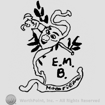 Ornamented design with crossing masks and branches, uppercase E.M.over B, ribbon with undescifrable writing below