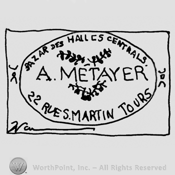 Bazaar des Halles Centrals, A. Metayer, 22 Rue St. Martin Tours written with uppercase letters and ornament branches inside an oval, all inside a rectangle with an uppercase N below followed by a horizontal line