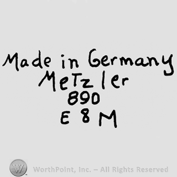 Made in Germany written with lowercase letters over Metzler also written with lowercase letters, number 890 and uppercase E and M framing number 8 written below