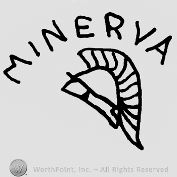 Minerva written with uppercase letters over a metal helmet