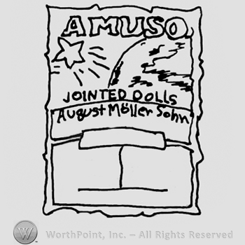 Amuso Jointed Dolls written with uppercase letters on a design with Planet Earth and a shining star over a stylized open book with undescifrable writings