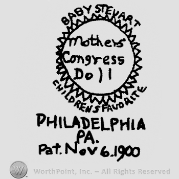 Baby Stewart written on top of a round ornamented design, Mother's Congress Doll written inside with lowercase letters, Philadelphia, PA, Pat. Nov. 6 1900 written below