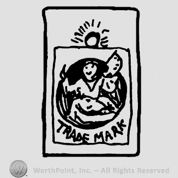 Smiling child on a round background, light source above, Trade Mark written with uppercase letters, all inside a rectangular design