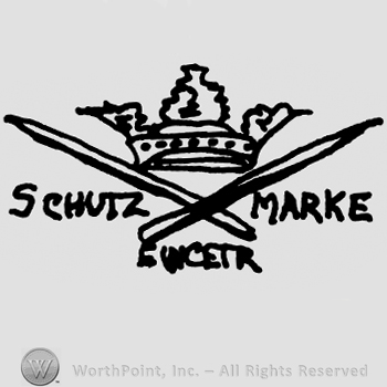 Crossed sticks under a crown, Schutz Marke Eucetr written with uppercase letters on sides and below the design