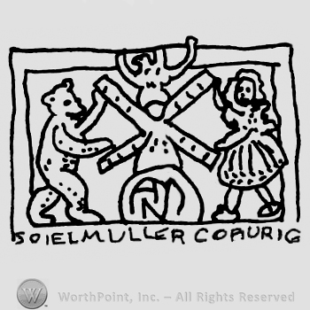 Baby girl doll and bear facing and holding the windmill's sides, eagle above, uppercase AMN written below, all inside a rectangle, Spiel Muller Co Aurig written with uppercase letters