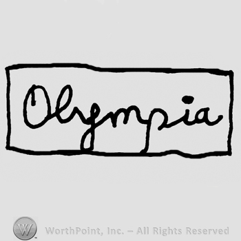 Olympia handwritten with lowercase letters inside a rectangle