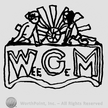 Stylized toys facing a stylized sun over uppercase Wee Ge M written on a cartouche