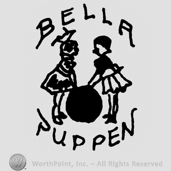 Bella Puppen written with uppercase letters above and below two children facing and holding a ball