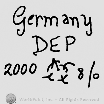 Germany written with lowercase letters over DEP written with uppercase letters, number 2000, a complex design and number 8/0 written below