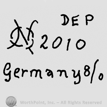 Handwritten stylized upppercase N on a round design, DEP written with uppercase letters over number 2010, Germany written with lowercase letters and number 8/0