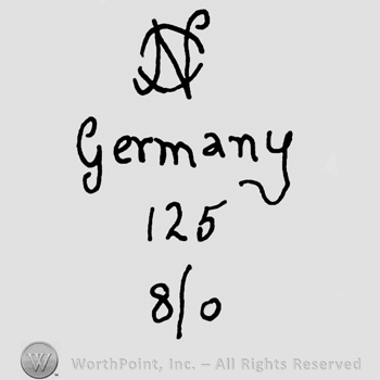 Uppercase handwritten N on a round design, Germany written with lowercase letters over number 125 and 8/0