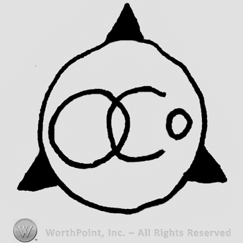 Uppercase O Co inside a circle, triangle on the background, behind the circle