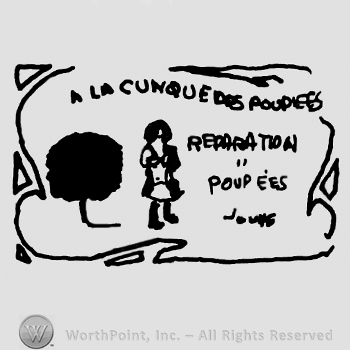 A La Cunquedos Poupees Reparation Poupees Jouette written with uppercase letters along with a tree and a standing doll, all inside a rectangular ornamented design