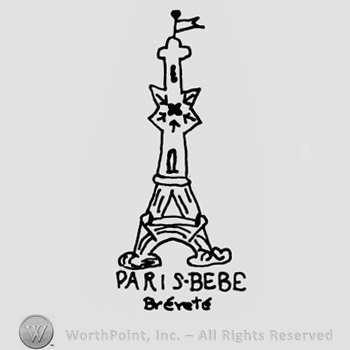 Stylized Tour de Eiffel, Paris Bebe written with uppercase letters over Breveted written with lowercase letters
