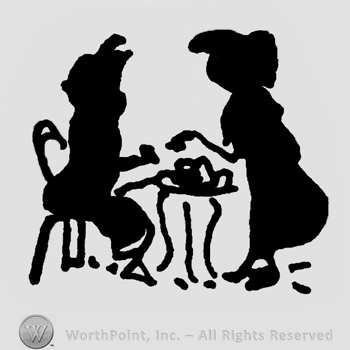 Stylized women at a table, one is seated on a chair