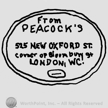 From with lowercase letters over Peacock's 525 Oxford St. Corner of Bloombury St. London, WC written with uppercase letters, all inside a double-lined oval design