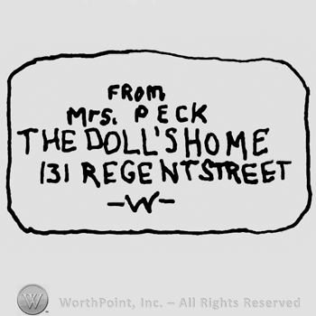 From Mrs. Peck The Doll's Home 131 Regent Street W written with uppercase letters on a rectangular design