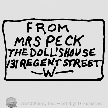 From Mrs. Peck The Doll's Home 131 Regent Street W written with uppercase letters on a rectangular design