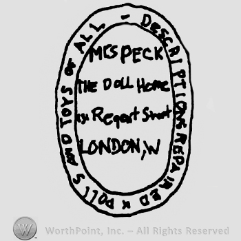 Oval design, Dolls and Toys of All Description Repaired, Mrs. Lucy Peck The Doll's House 131 Regent St. London written with uppercase letters inside
