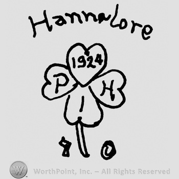 Hannelore written with lowercase letters over a four leaf clover with uppercase P, H, I and number 1924 written on the leafs, numbers 7 and 0 written belolw