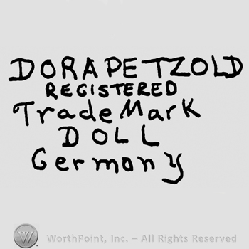 Dora Petzold Registered written with uppercase letters over Trade Mark written with lowercase letters, Doll written with uppercase letters over Germany written with lowercase letters