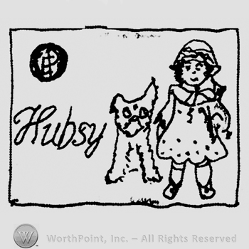 Hubsy handwritten with lowercase letters and a girl with a dog, uppercase EP inside a circle, all inside a rectangle