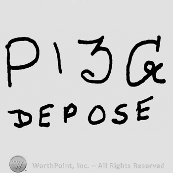 Uppercase PI, number 3 and uppercase G over Depose written with uppercase letters