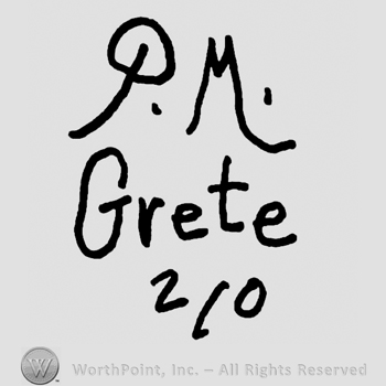 Uppercase handwritten P.M.over Grete written with lowercase letters, number 2/0 written below
