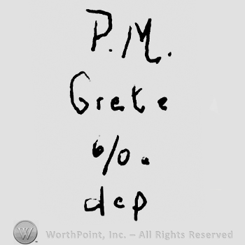 Uppercase handwritten P.M. over Grete written with lowercase letters, number 6/0 and Dep written below with lowercase letters