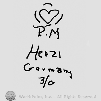 Heart in a round design over uppercase PM, Herzi Germany written with lowercase letters over number 3/0