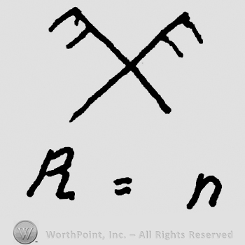 Crossed forks, uppercase R=n written below